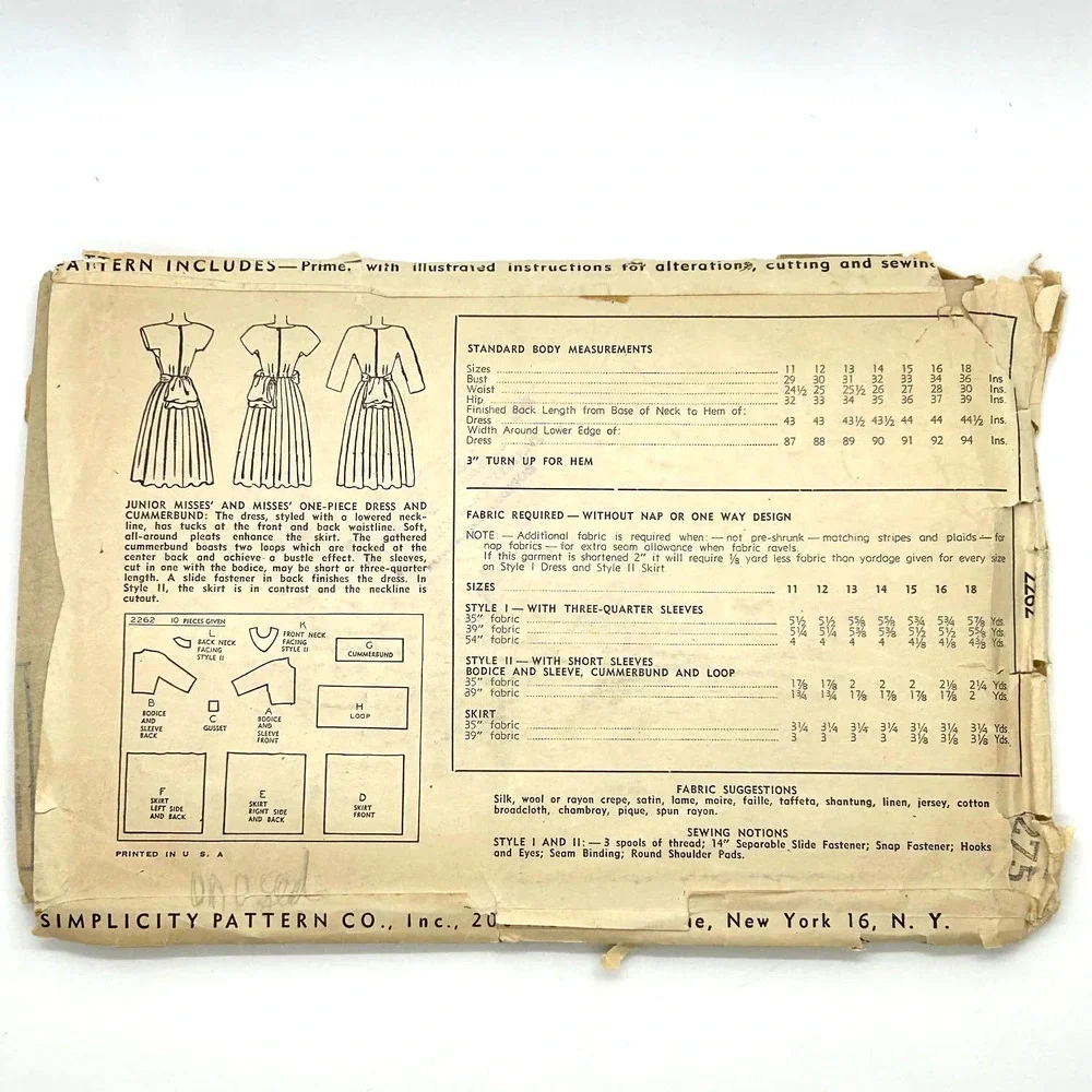 Simplicity Vintage 1947 Pattern #2262 Jr. Misses Dress & Cummerbund‎ Size 15